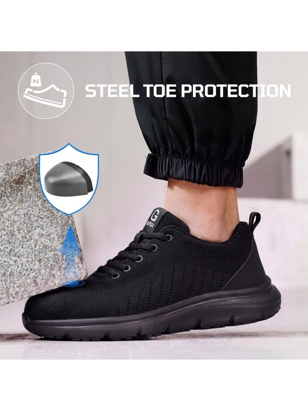 Men's Black Resistant Midsole Shoes Low Top Steel Toe Non Slip Hiking Boots
